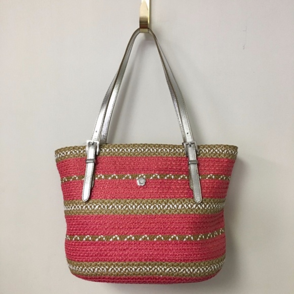 Eric Javits Pink Silver Striped Woven Medium Tote